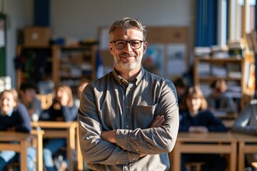 Fototapeta premium Confident Teacher in Classroom with Students