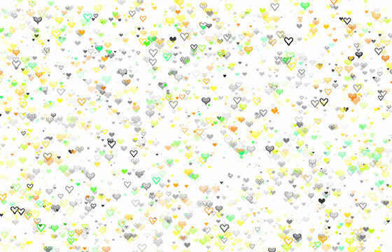 Heart background pattern with colorful hearts scattered on white surface