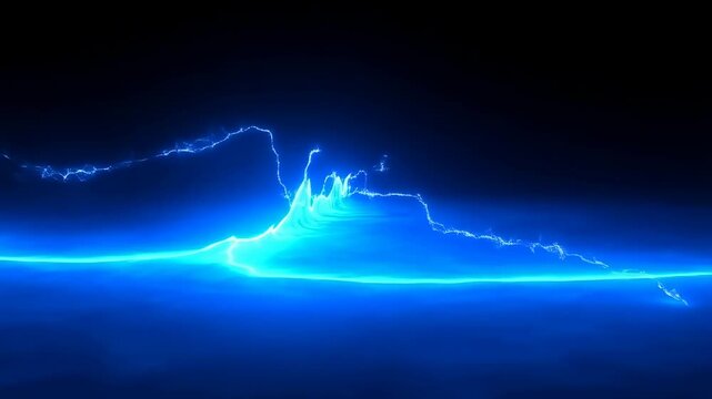 Blue electric wave pulses and moves horizontally with flickering lightning arcs on a dark background. Animated scene combines glowing wave line and electric sparks with light.