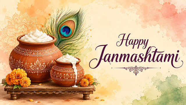 Festive holiday greeting card design featuring traditional clay pots full of butter to celebrate shree krishna during the joyous krishna janmashtami event