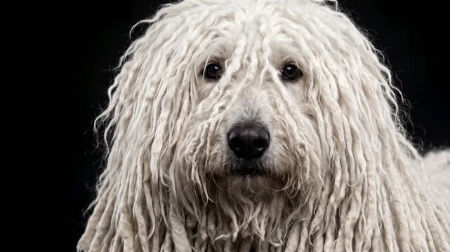 komondor dog close up isolated on black background studio portrait in hungary video