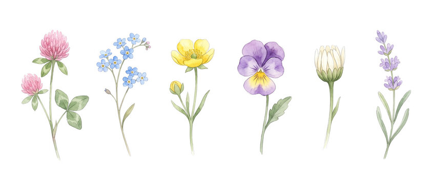 Watercolor Wildflowers Set Botanical Illustration of Clover Forget Me Not Buttercup Pansy Lavender Floral Clipart Isolated on White Background for Spring Wedding Design Craft Pattern Greeting Cards