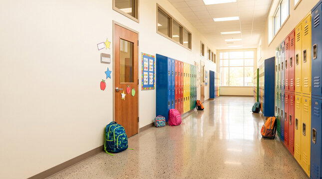 Colorful school hallway with lockers and backpacks on the floor