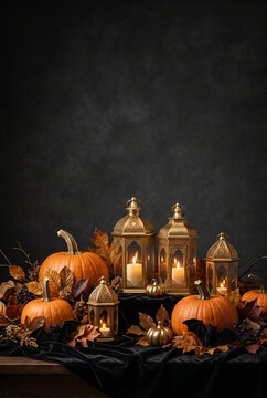 Autumnal Halloween decorations with pumpkins and lanterns on dark background