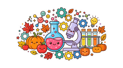 Naklejka premium Science laboratory glassware with microscope and autumn pumpkin theme.