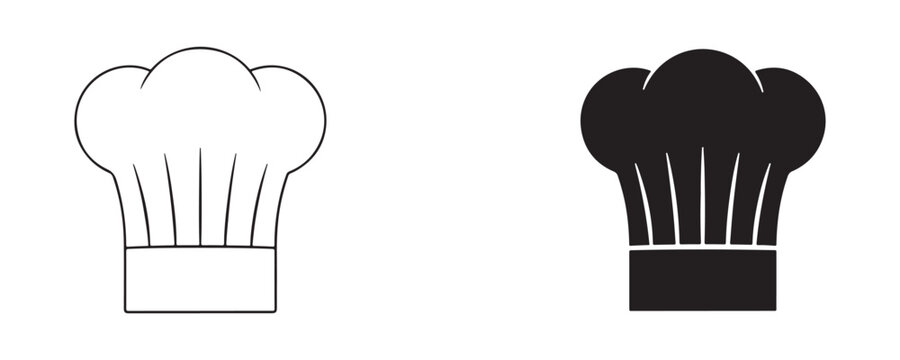 Chef hat icon set with black outline and solid silhouette styles for restaurant branding and menus.