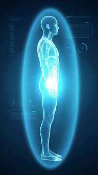 Digital human body scan side profile with glowing highlighted torso and interface data panels futuristic medical technology diagnosis concept