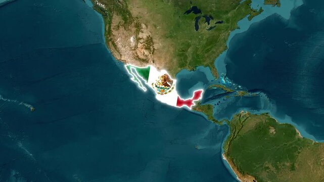 Mexico map with flag texture glowing dynamically over a digital globe in this high quality 3d motion animation video footage