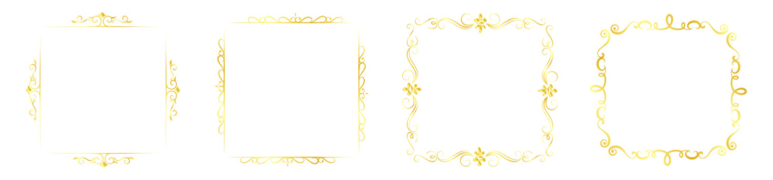 Set of elegant vintage golden frames with ornate flourishes and decorative borders on transparent background.