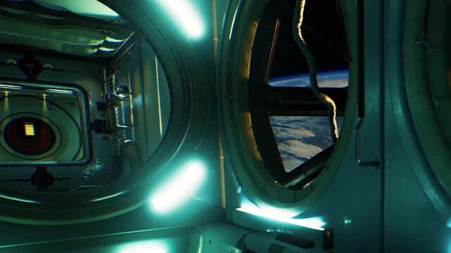 A close view shows the inside of a spaceship with bright lights. Large round windows overlook the stars and planets outside. The scene gives a look at the technology used in space travel.