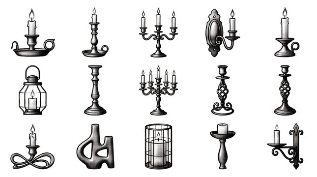 Vintage etched candlestick holders and metal lanterns collection for interior home decor.