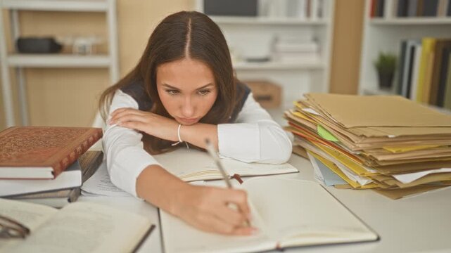 Young hispanic student woman writing in notebook with arm resting on desk, reaching to take notes beside stacks of books and folders in a building study area; fatigue concentration.