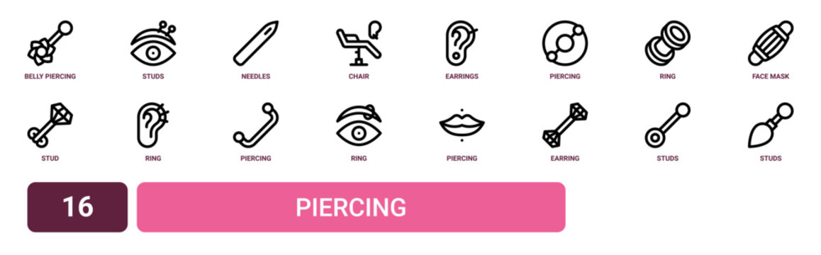 Set of 16 outline web Piercing icons such as studs, studs, earring, piercing, ring, piercing, ring vector icons for report, presentation, diagram, web design, mobile app
