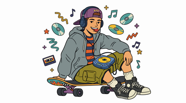 Young man sitting on skateboard with vinyl.