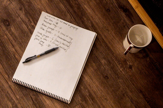 Notebook and Coffee on Wooden Desk