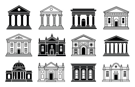 Classical building icons representing bank museum courthouse and government facades with columns and pediments in a minimalist black and white vector style