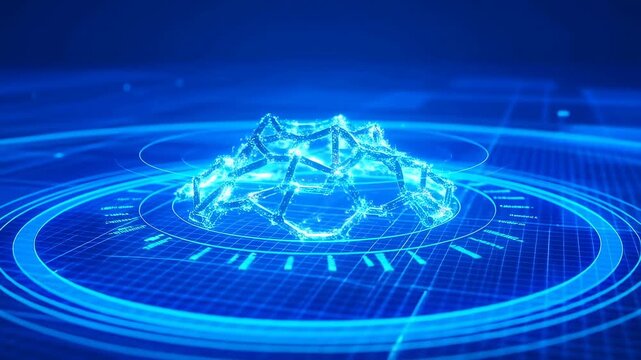 Glowing 3D wireframe mesh rotates and pulses on a circular digital grid interface. Digital particles shimmer and flicker over a dark blue gradient background in a technical interface design.