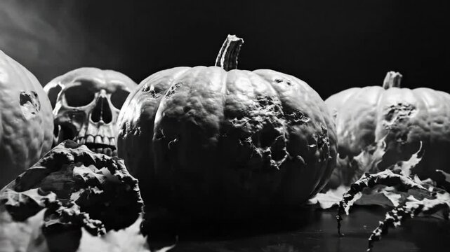 Spooky Halloween still life with pumpkins, skull, and autumn leaves, black and white composition