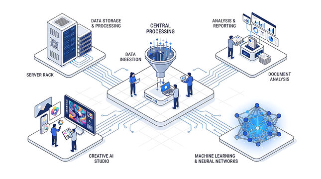 Isometric Illustration of Data Processing and Artificial Intelligence