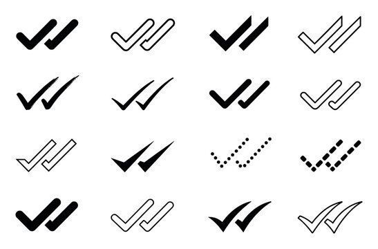 Double check mark icons in various styles including solid, outline, dotted, dashed, and hand-drawn designs for message delivery status, approval, and task completion