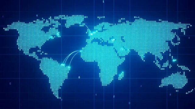 Digital world map formed by shifting binary digits with glowing cyan and blue lines connecting continents. Animated technology scene combines world map and binary digits with glowing light.