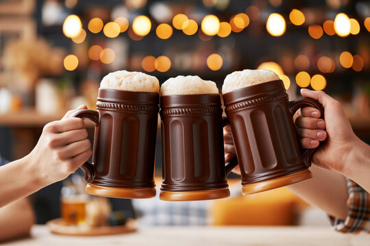 Beer mugs toasting in cozy bar with warm bokeh lights, Oktoberfest cheers photo