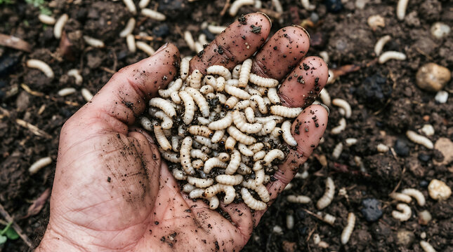 Hand Holding Maggots Close Up Showing Organic Farming Practices And