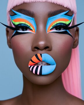 Front facing beauty portrait of a dark skinned model with pink hair rainbow eye makeup and blue orange pink and black striped lips against a blue backdrop Theme of vibrant cosmetics