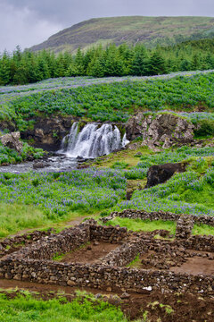Sjavarfoss Waterfall Fossa River and Homestead Ruins Southwestern Iceland