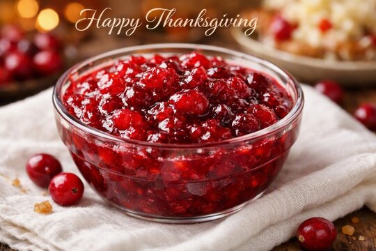 Homemade cranberry sauce in glass bowl for happy thanksgiving side dish background and holiday table accompaniment