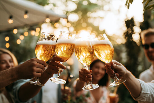 Beer mugs toasting in cozy bar with warm bokeh lights, Oktoberfest cheers photo