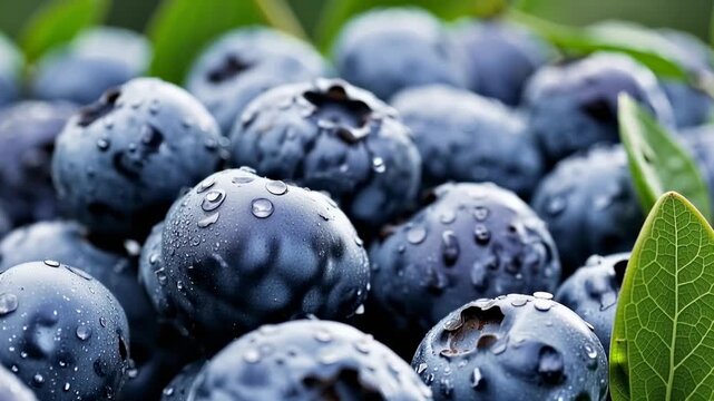 Fresh wet blueberries with dew covered green leaves, a gradual macro push from overhead pile to close up showing droplets and textured skin