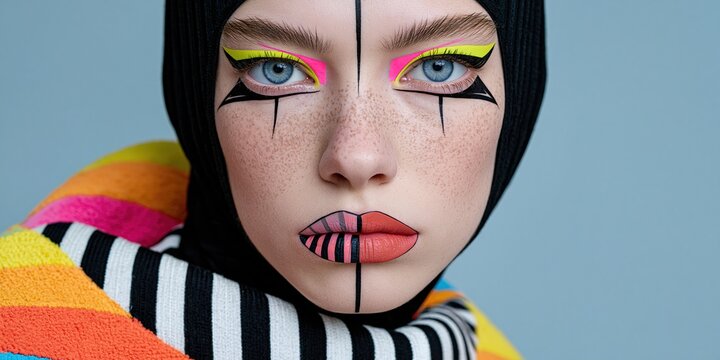 Front-facing portrait with freckled skin neon yellow and pink eye makeup graphic black markings striped coral lips and a bold multicolor scarf Theme of expressive graphic fashion