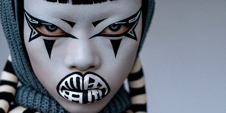Close-up portrait with pale painted skin bold black geometric eye makeup striped monochrome lips and gray knit hood against a cool gray background Theme of graphic winter beauty