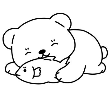 Cute bear sleeping holding fish line art coloring page vector