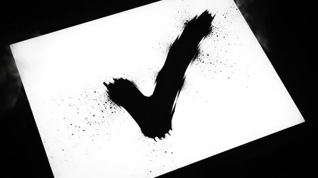 Check mark spray painted stencil on white paper against a dark background with smoke detail and texture