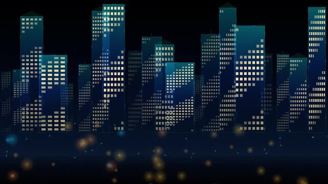 City skyline silhouette with glowing windows against backdrop, illuminated skyscrapers in urban environment, architectural glass facades at night and metropolis structures and modern
