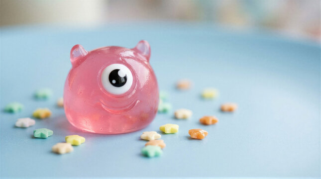 Pink monster toy with one eye and small star shaped candies on blue surface. Cute creature figurine for children party. Fun decoration for Halloween or birthday celebration concept.