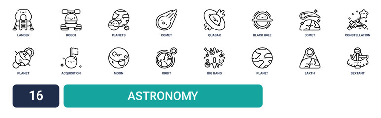 Set of 16 outline web Astronomy icons such as sextant, earth, planet, big bang, orbit, moon, acquisition vector icons for report, presentation, diagram, web design, mobile app © Noah