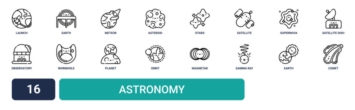 Set of 16 outline web Astronomy icons such as comet, earth, gamma ray, magnetar, orbit, planet, wormhole vector icons for report, presentation, diagram, web design, mobile app
