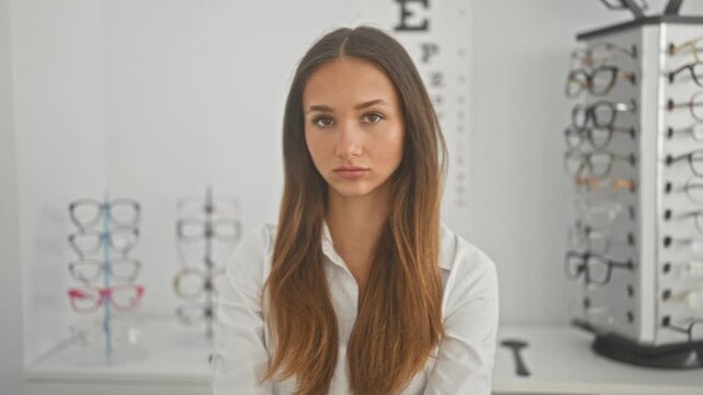 Woman looks at camera with long hair beside glasses display and eye chart in a building; serious focus.