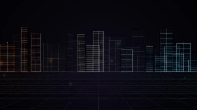 City skyline wireframe construction showing glowing neon grid buildings in architectural perspective against a dark background representing urban planning development and digital