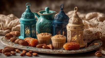 Fototapeta premium Colorful fanous lanterns glowing on a decorative tray with cups, nuts, and dried fruits, creating a warm ambiance for cultural gatherings or festive occasions
