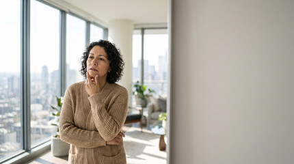 Fototapeta premium thoughtful woman with curly hair standing by a large window with city view, pensive expression, light brown patterned sweater, indoor setting, natural light