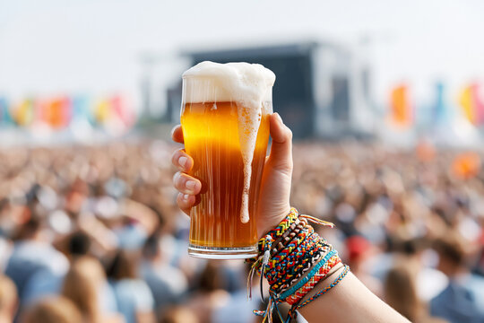Hand raising overflowing beer glass at outdoor music festival crowd, Oktoberfest celebration photo