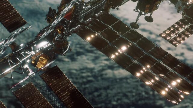 A space station floats above Earth with solar panels extending outward. The bright lights on the panels reflect in the darkness of space. Earth is visible in the background.