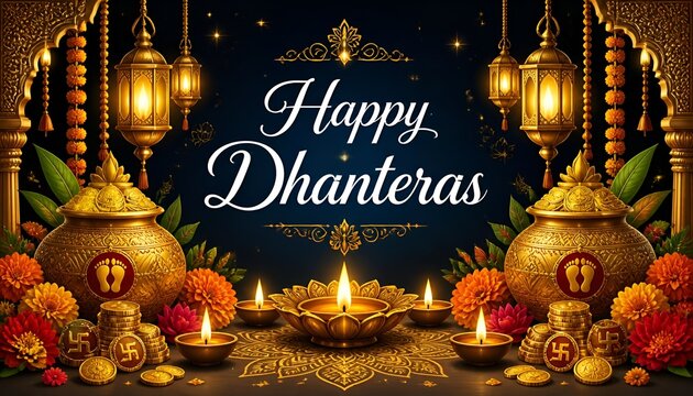 A poster with text happy dhanteras in watercolor illustration, indian festival