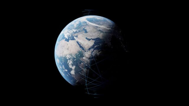 Global data transfer through space above the earth's surface. Networking and communication 3d animation.