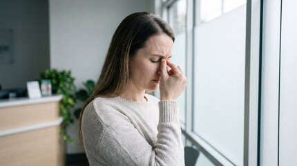 Fototapeta premium Woman experiencing headache and sinus pressure, pressing fingers to her forehead and nose, looking distressed in a soft-lit office or waiting room