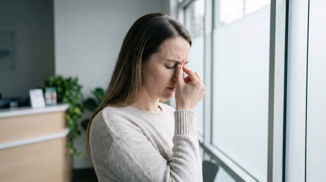 Woman experiencing headache and sinus pressure, pressing fingers to her forehead and nose, looking distressed in a soft-lit office or waiting room